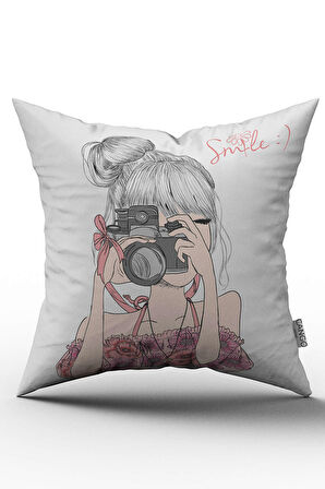 Çift Taraflı Beyaz Siyah Fotoğraf Çeken Kız Çocuk Figürlü Dijital Baskılı Çocuk Kırlent Kılıfı - OTYK519-CT