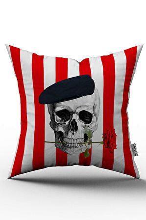 Çift Taraflı Kırmızı Siyah Kuru Kafa Desenli Dijital Baskılı Kırlent Kılıfı - OTYK503-CT