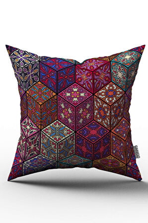 Çift Taraflı Pembe Çok Renkli Retro Vintage Desenli Dijital Baskılı Kırlent Kılıfı - OTYK292-CT