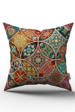 Çift Taraflı Sarı Çok Renkli Retro Vintage Desenli Dijital Baskılı Kırlent Kılıfı - OTYK278-CT