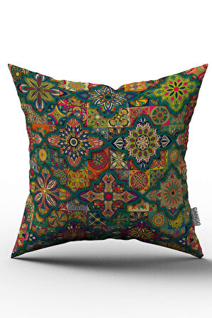 Çift Taraflı Yeşil Çok Renkli Retro Vintage Desenli Dijital Baskılı Kırlent Kılıfı - OTYK249-CT