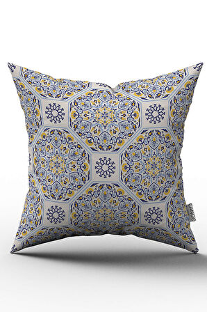Çift Taraflı Lacivert Sarı Retro Vintage Desenli Dijital Baskılı Kırlent Kılıfı - OTYK031-CT