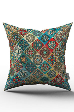 Çift Taraflı Yeşil Çok Renkli Retro Vintage Desenli Dijital Baskılı Kırlent Kılıfı - OTYK017-CT