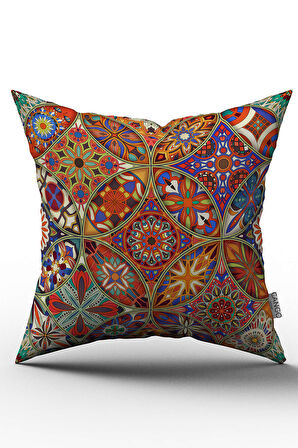 Çift Taraflı Turuncu Çok Renkli Retro Vintage Desenli Dijital Baskılı Kırlent Kılıfı - OTYK010-CT