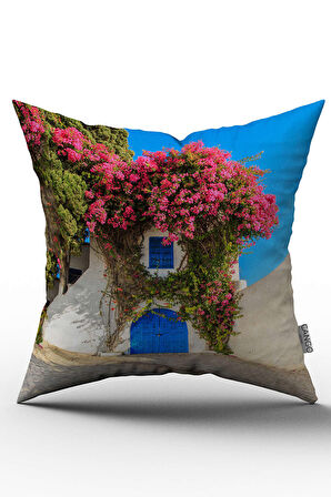 Çift Taraflı Pembe Çiçekli Bodrum Evi Dijital Baskı Kırlent Yastık Kılıfı - CHCCK55-CT