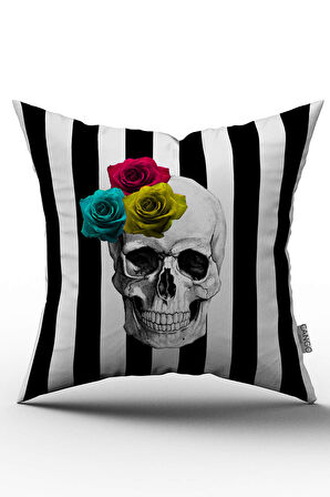 Çift Taraflı Siyah Beyaz Çizgili Kuru Kafa Figürlü Dijital Baskılı Kırlent Kılıfı - YST09-CT