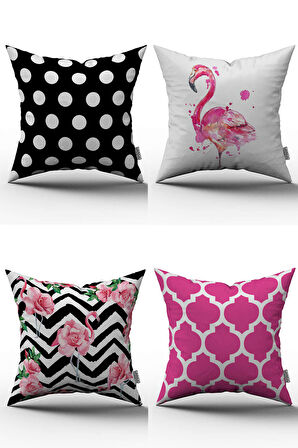 Pembe Siyah Geometrik Flamingo Desenli 4'lü Kırlent Kılıfı Seti - 43x43 cm - 021