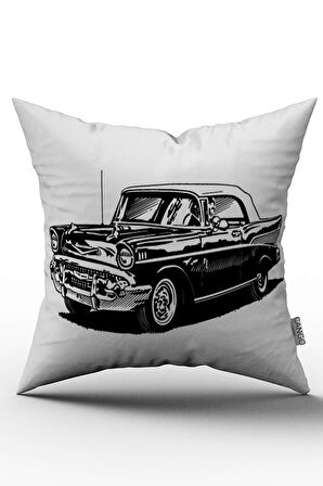 Beyaz Siyah Vintage Arabalı Dijital Baskılı Kırlent Kılıfı  - OTYK720