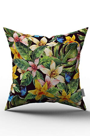 Siyah Çok Renkli Tropikal Desenli Dijital Baskılı Kırlent Kılıfı  - OTYK791