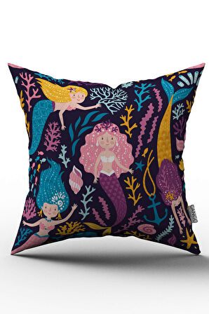 Sarı Pembe Deniz Kızı Desenli Dijital Baskılı Çocuk Kırlent Kılıfı  - OTYK804