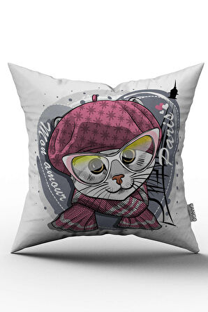 Pembe Beyaz Çocuk Kedi Desenli Kırlent Yastık Kılıfı - CGH024