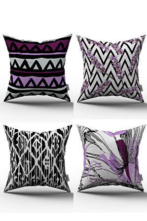 Mor Beyaz Soyut Çiçek Desenli 4'lü Dijital Baskılı Kırlent Kılıfı Seti -  4kmbs061