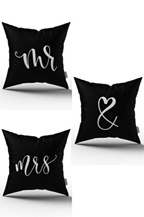 Siyah Beyaz Kadın Erkek Mr. Mrs. 3'lü Dijital Baskılı Kırlent Seti - 3kmbs85