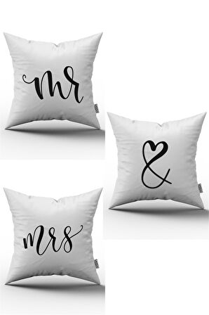 Siyah beyaz Kadın Erkek Mr. Mrs. 3'lü Dijital Baskılı Kırlent Seti - - 3kmbs86