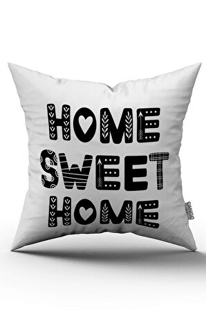Çift Taraflı Beyaz Siyah Home Sweet Home Dekoratif Dijital Baskı Kırlent Yastık Kılıfı - CGH475-CT
