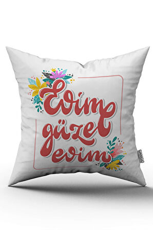 Çift Taraflı Beyaz Kırmızı Evim Güzel Evim Yazılı Dijital Baskı Kırlent Yastık Kılıfı - CGH458-CT