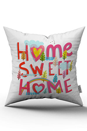 Çift Taraflı Beyaz Çok Renkli Home Sweet Home Dijital Baskı Kırlent Yastık Kılıfı - CGH454-CT