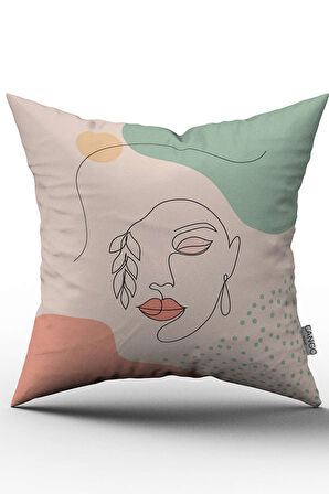 Çift Taraflı Pembe Yeşil Soyut Modern Kadın Figür Desenli Dekoratif Kırent Kılıfı - CGH287-CT