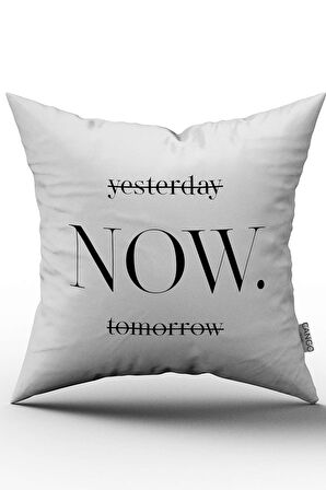 Çift Taraflı Beyaz Siyah Modern Yesterday Now Tomorrow Yazılı Dekoratif Kırent Kılıfı - CGH280-CT