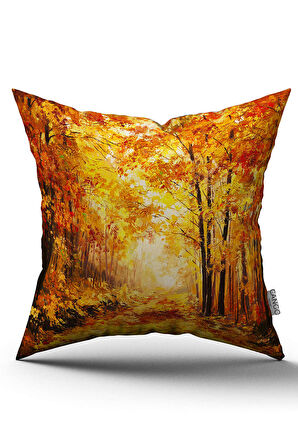 Çift Taraflı Sarı Turuncu Orman Manzaralı Kırlent Yastık Kılıfı - CGH139-CT