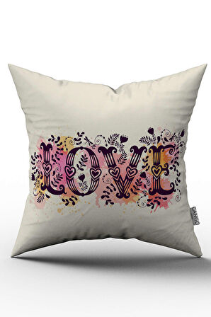 Çift Taraflı Krem Pembe Love Yazılı Kırlent Yastık Kılıfı - CGH111-CT