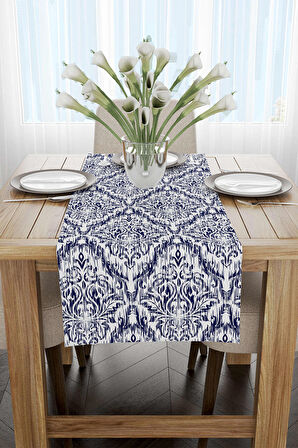 Lacivert Beyaz Damask Desenli Runner - CGH089-RN