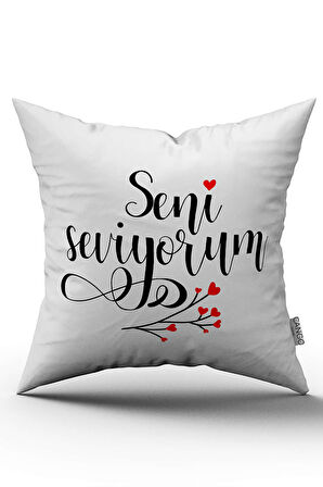 Beyaz Siyah Seni Seviyorum Yazılı Dijital Baskı Kırlent Yastık Kılıfı - CGH389