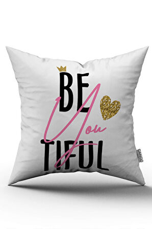 Beyaz Pembe Beautiful Yazılı Dijital Baskı Kırlent Yastık Kılıfı - CGH406