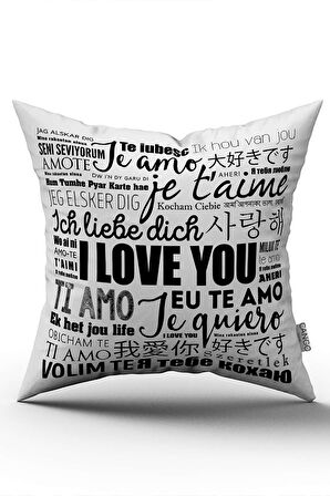 Beyaz Siyah I Love You Yazılı Dijital Baskı Kırlent Yastık Kılıfı - CGH416