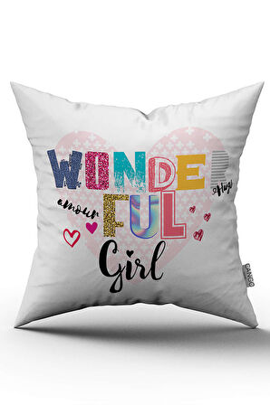 Beyaz Çok Renkli Wonderful Girl Yazılı Dijital Baskı Kırlent Yastık Kılıfı - CGH430