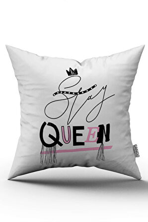Beyaz Pembe Modern Stay Queen  Yazılı Dijital Baskı Kırlent Yastık Kılıfı - CGH437