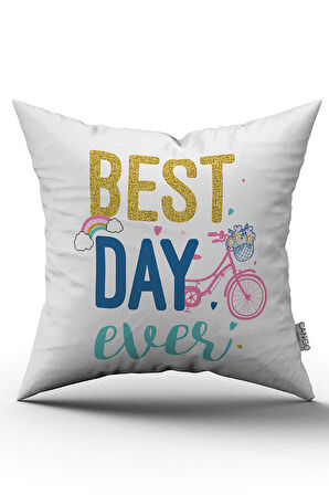Beyaz Mavi Best Day Ever Dijital Baskı Kırlent Yastık Kılıfı - CGH456