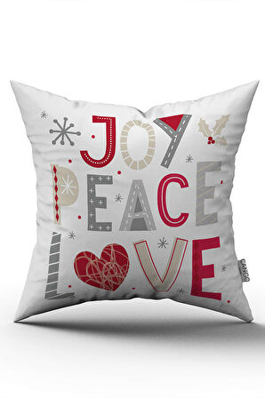 Beyaz Kırmızı  Joy Peace Love Yazılı Dekoratif Dijital Baskı Kırlent Yastık Kılıfı - CGH462