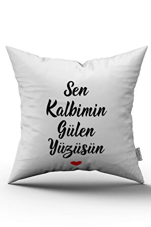 Beyaz Siyah Sen Kalbimin Gülen Yüzüsün Yazılı Dekoratif Baskı Kırlent Yastık Kılıfı - CGH469