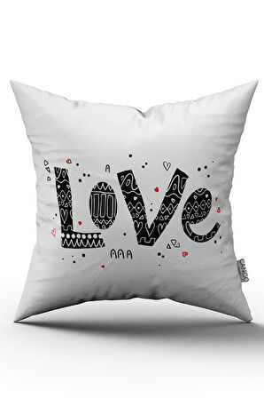 Beyaz Siyah Love Yazılı Dekoratif Dijital Baskı Kırlent Yastık Kılıfı - CGH474