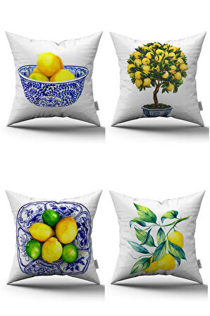 Beyaz Limon Desenli Dijital Baskılı Kırlent Kılıfı Seti 4kmbs89
