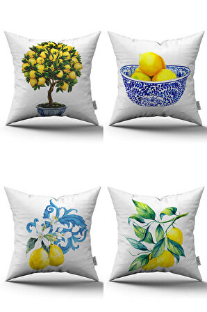 Beyaz Limon Desenli Dijital Baskılı Kırlent Kılıfı Seti 4kmbs96