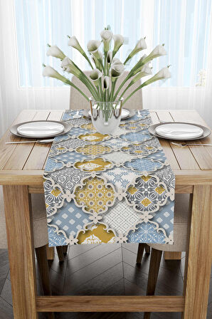 Sarı Mavi Etnik Vintage Desenli Dijital Baskılı Runner CGH583-RN