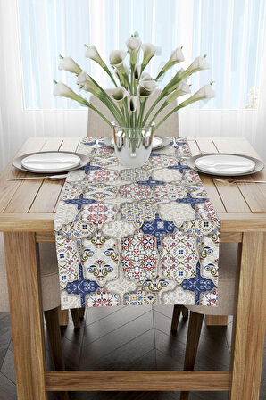 Krem Lacivert Vintage Retro Desenli Dijital Baskılı Runner CGH617-RN