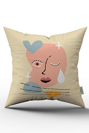 Krem Modern Soyut Figür Desenli Dijital Baskılı Kırlent Yastık Kılıfı  CGH699