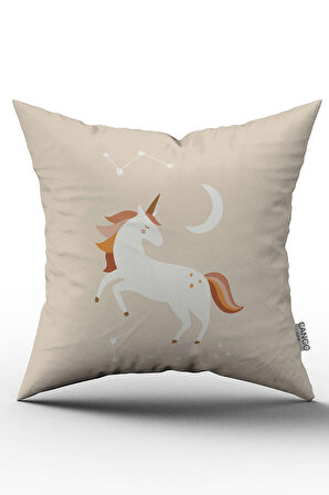Krem Turuncu Bohem Unicorn Desenli Dijital Baskılı Kırlent Yastık Kılıfı  CGH729