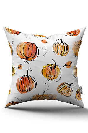 Turuncu Halloween Balkabağı Desenli Dijital Baskılı Kırlent Kılıfı CGH753