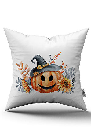 Turuncu Halloween Balkabağı Desenli Dijital Baskılı Kırlent Kılıfı CGH757