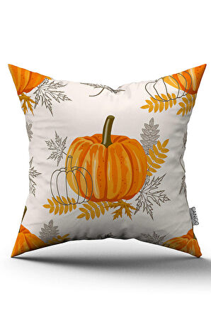 Turuncu Halloween Balkabağı Desenli Dijital Baskılı Kırlent Kılıfı CGH759