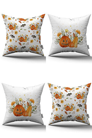 Turuncu Halloween Balkabağı Desenli Dijital Baskılı Kırlent Kılıfı Seti 4kmbs131