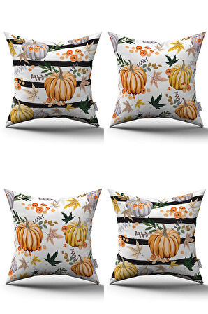 Turuncu Halloween Balkabağı Desenli Dijital Baskılı Kırlent Kılıfı Seti 4kmbs132