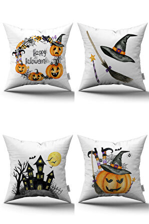 Turuncu Halloween Balkabağı Desenli Dijital Baskılı Kırlent Kılıfı Seti 4kmbs133