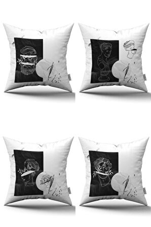 Beyaz Siyah Modern Heykel Figürlü Dijital Baskılı Kırlent Kılıfı Seti 4kmbs135