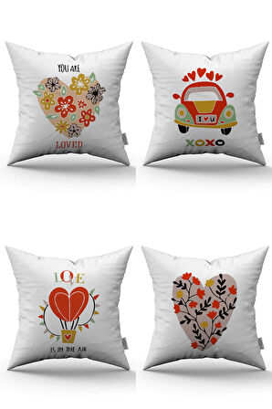 Beyaz Kırmızı Modern Sevgililer Günü Temalı Dijital Baskılı Kırlent Kılıfı Seti 4kmbs187