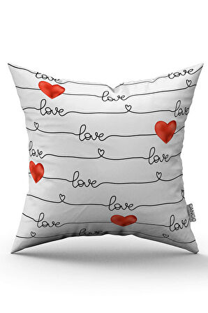 Beyaz Kırmızı Love Yazılı Kalp Desenli Dijital Baskılı Kırlent Kılıfı CGH1004